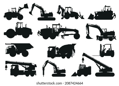 Set of heavy machinery silhouettes of concrete mixer truck, backhoe and bulldozer for construction and mines