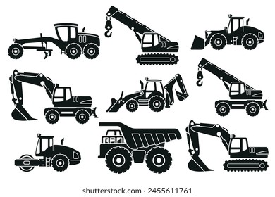 Set of heavy machinery silhouettes for construction and mining, motor grader, backhoe, telescopic crane wheels, mining truck, telescopic crane, excavator, front loader and soil compactor