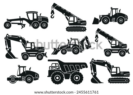 Set of heavy machinery silhouettes for construction and mining, motor grader, backhoe, telescopic crane wheels, mining truck, telescopic crane, excavator, front loader and soil compactor