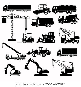 set of heavy machinery silhouettes, truck, soil compactor, backhoe, excavator, forklift, front loader, crane, motor grader, hammer, for construction and mining