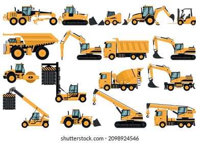 Set of heavy machinery, truck, soil compactor, backhoe, excavator, forklift, front loader, crane, motor grader, hammer, for construction and mining