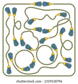 Set of heavy silk tassels with gold fittings on twisted colored cords. For decorating clothing, jewelry and interior items, curtains, furniture. Outline flat vector illustration on white background.