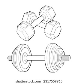 Set of Heavy sport dumbbell for gymnastics, outline sketch vector isolated with white background.
