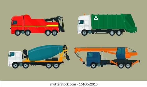 Set of heavy wheeled vehicles. Vector flat style illustration.