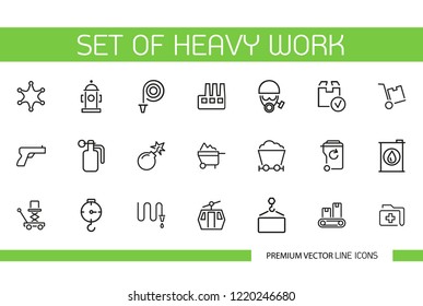 Set of heavy work line icons. Building, plant, blue collar. Occupation or equipment concept. Can be used for topics like job, industry, construction