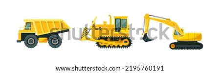 Set of heavy yellow construction commercial machinery vehicles. Side view of dump truck, excavator machine, grader bulldozer, earthwork special industrial equipment flat vector