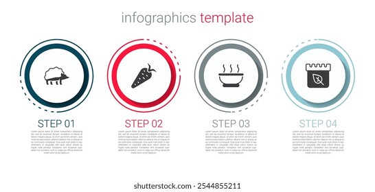 Set Hedgehog, Cenoura, Tigela de sopa quente e Calendário com folhas de outono. Modelo de infográfico comercial. Vetor