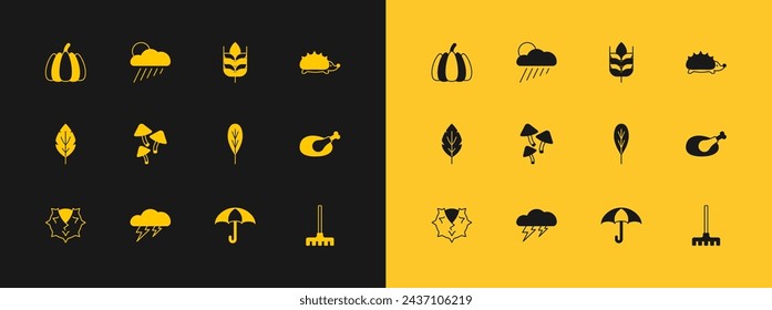 Set Hedgehog, Cloud and lightning, Leaf, Umbrella, Mushroom, Wheat, Pumpkin and with rain sun icon. Vector
