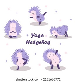Set hedgehog meditation. Forest animals meditate. Animal yoga. Vector flat cute cartoon illustration