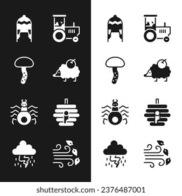 Set Hedgehog, Mushroom, Winter hat, Tractor, Spider, Hive for bees, Windy weather and Storm icon. Vector