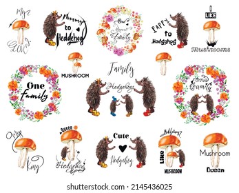Set hedgehog, mushroom and wreath flower. Watercolour vector illustration. svg