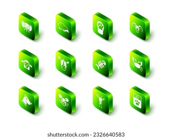 Set Hedgehog, Paw print, Head of goat or ram, Crab, Bag food, Fish skeleton, Giraffe head and Rat icon. Vector