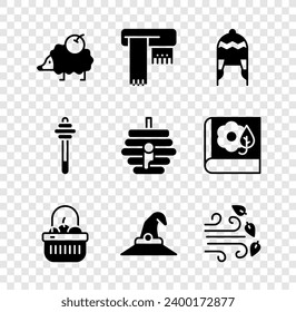 Set Hedgehog, Winter scarf, hat, Basket and food, Witch, Windy weather, Honey dipper stick and Hive for bees icon. Vector