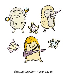 Set of hedgehogs musicians: with an electric guitar, with a flute, with maracas. And dancing asterisks. Vector illustration in cartoon style. Hand drawn. On white background.