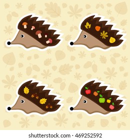 set of hedgehogs on the autumn background 