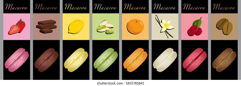 Set of height labels for macaroons with different flavors of strawberry, chocolate, lemon, pistachio, orange, vanilla, cherry, coffee.