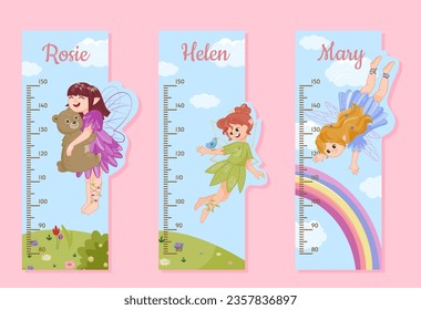 Set of height meters concept. Instrument for measuring of heights for boys and girls. Centimeter with fairies. Fantasy and dream. Cartoon flat vector collection isolated on pink background