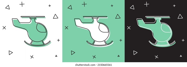 Set Helicopter aircraft vehicle icon isolated on white and green, black background.  Vector