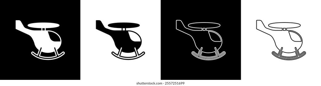 Set Helicopter aircraft vehicle icon isolated on black and white background.  Vector