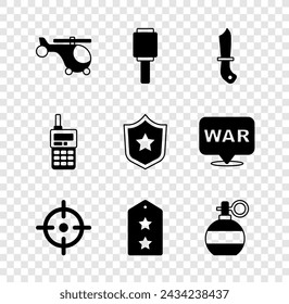 Set Hubschrauber, Anti-Panzer Handgranate, Militärmesser, Zielsport, Rang, Hand, Walkie Talkie und Polizei-Abzeichen-Symbol. Vektor