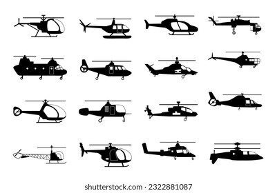 Set of helicopter. Black vector illustration.