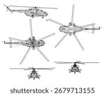Set Helicopter blueprint in detailed wireframe 3D model on white background. 3D. Vector illustration