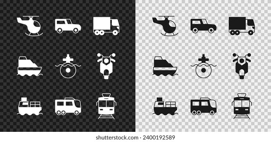 Set Helicopter, Car, Delivery cargo truck, Cargo ship with boxes delivery, Bus, Tram and railway, Cruise and Submarine icon. Vector