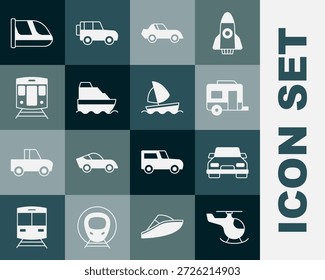 Conjunto Helicóptero, coche, remolque de camping Rv, crucero, tren y ferrocarril, e icono de velero de yate. Vector