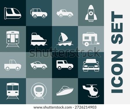 Set Helicopter, Car, Rv Camping trailer, Cruise ship, Train and railway,  and Yacht sailboat icon. Vector