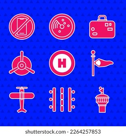 Set Helicopter landing pad, Airport runway, Radar, Cone meteorology windsock wind vane, Plane, propeller, Suitcase and No cell phone icon. Vector