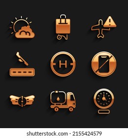 Set Helicopter Landing Pad, Fuel Tanker Truck, Clock, No Cell Phone, Aviation Emblem, Plane, Warning Aircraft And Sun Cloud Weather Icon. Vector