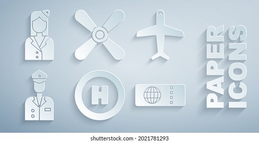 Set Helicopter landing pad, Plane, Pilot, Airline ticket, propeller and Stewardess icon. Vector