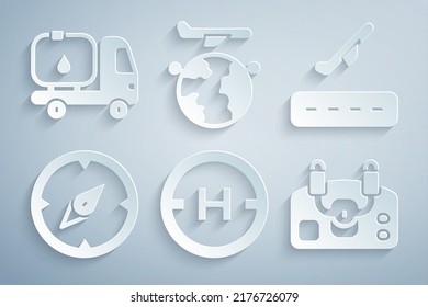 Set Helicopter landing pad, Plane takeoff, Compass, Aircraft steering helm, Globe with flying plane and Fuel tanker truck icon. Vector