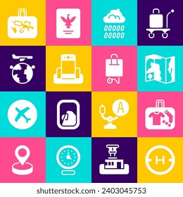 Set Helicopter landing pad, Suitcase, World travel map, Cloud with rain, Metal detector airport, Globe flying plane,  and  icon. Vector