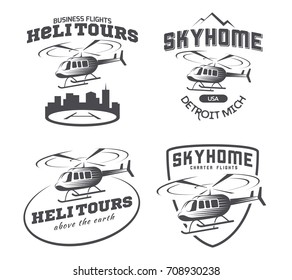 Set of helicopter logo, badges and emblems isolated on white background. Vector illustration of a helicopter takes off from the ground.