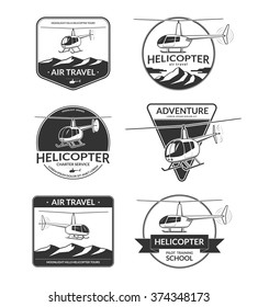 Set of helicopter logos, labels, emblems, badges, design elements. Helicopter tours, air travel, charter, pilot training school logotypes in vintage style