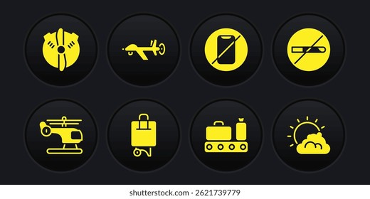 Set Helicopter, No Smoking, Suitcase, Conveyor belt with suitcase, cell phone, UAV Drone, Sun and cloud weather and Plane propeller icon. Vector
