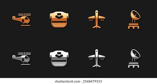 Set Helicopter, Pilot hat, Plane and Radar icon. Vector