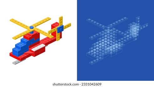 Un conjunto de un helicóptero y un proyecto montado a partir de bloques de plástico de estilo isométrico para impresión y decoración. Ilustración vectorial.