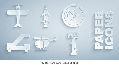 Ponga Helicóptero, Radar con objetivos en el monitor, Escala de pasajeros para el abordaje de avión, casco de dirección de aeronaves, icono de cohete y avión. Vector