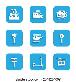 Set Helicopter, Scooter, Cable car, Speed limit traffic, Road signpost, Car and Sailboat icon. Vector