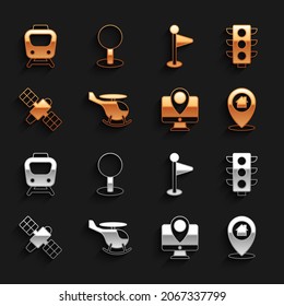 Set Helicopter, Traffic light, Location with house, Monitor location marker, Satellite, Train and Push pin icon. Vector