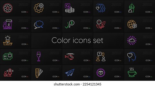Set of Helicopter, Winner podium and Friends couple line icons. Include Cogwheel, Palette, Ice cream milkshake icons. Friend, Teamwork questions, World medicine web elements. Leaves. Vector