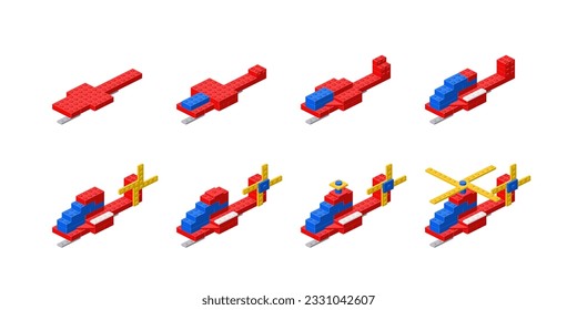 Set of helicopters assembled from plastic blocks in isometric style. Vector illustration.