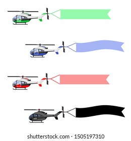 set of helicopters with banner isolated vector illustration. color image and black silhouette, white background