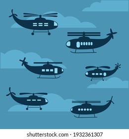 set helicopters blue silhouettes. 2d flat vector