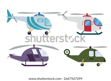 Set of helicopters, copters in cartoon style.Vector illustration of colored helicopters with propellers, screws, windows, doors, wheels isolated on white background. Aircraft.Transport of passengers.