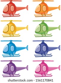 Set of helicopters in different colors illustration