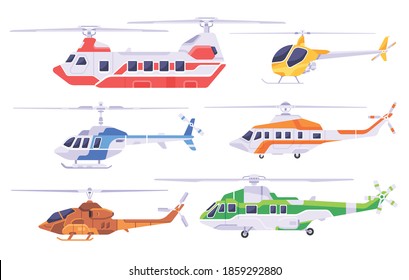 Set of helicopters. Flight transportation. 
Сivil and military helicopters. Vector illustration