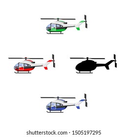 set of helicopters isolated vector illustration. color image and black silhouette, white background